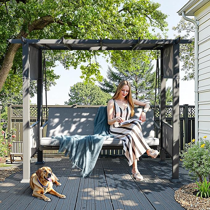 Pamapic 2-in-1 Convertible Porch Swing Bed, 3-Seat Elegant Patio Swing with Wicker Armrests, Outdoor Chair with Adjustable Canopy for Balcony, Garden, and Poolside, Gray