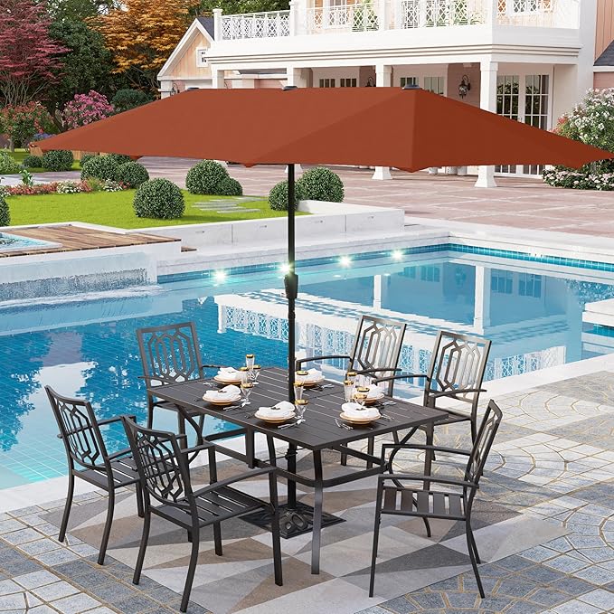 PHI VILLA Patio Dining Set 8 PCS with 13ft Double-Sided Patio Umbrella(Orange Red)，Metal Outdoor Dining Set - 6 x Outdoor Stackable Chairs, 1 x 60"x38"Rectangle Dining Table and 1 Umbrella
