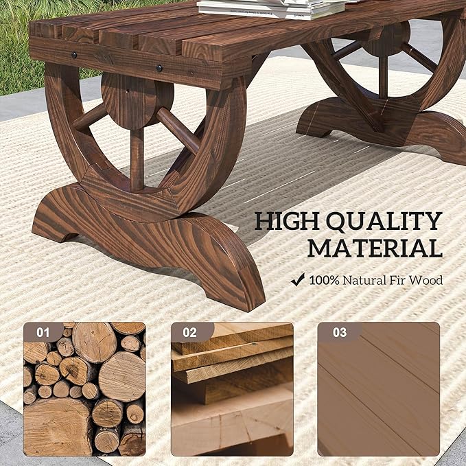 Outsunny 2-Person Wooden Garden Bench, Outdoor Wagon Wheel Porch Bench for Backyard Garden, Support 550 LBS, Rustic Country Style Patio Furniture, Brown