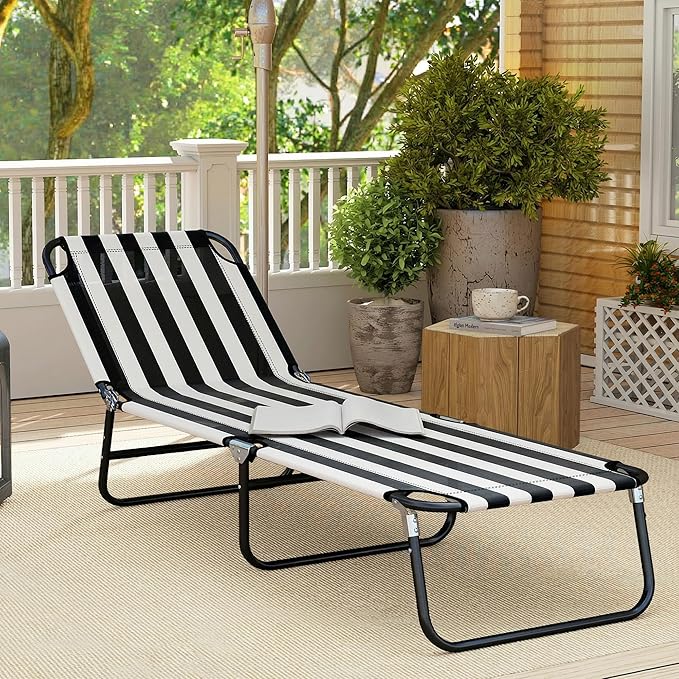 Outsunny Folding Chaise Lounge Pool Chairs, Outdoor Sun Tanning Chairs with 5-Level Reclining Back, Steel Frame for Beach, Yard, Patio, Black and White