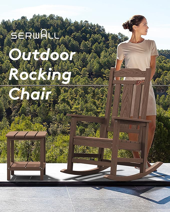 SERWALL Oversized Rocking Chair Outdoor, HDPE Outdoor Rocking Chair, Coffee