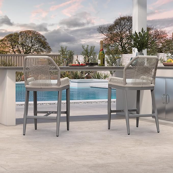 PURPLE LEAF Patio Bar Stool Counter Height Set of 2 Outdoor Rattan Chairs with Back Modern Aluminum Woven Barstools for Garden Indoor Kitchen Light Gray