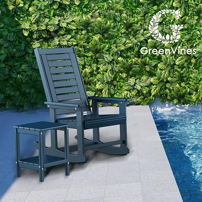 GREENVINES Outdoor Rocking Chairs | Set of 2 | Porch Rocker | HDPE Plastic | Blue | Oversized Rockers | High Back | Big & Tall | Ladder Back | for Patio Outside Backyard Balcony Garden