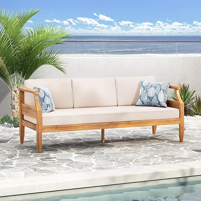 Christopher Knight Home Aston Outdoor 3 Seater Sofa, Upholstered Cushion Couch, Acacia Wood Bench Sofa, Slat Armchair, 73.25" W Spacious Seating Bench Couch for Gardern Porch Balcony, Teak+Beige