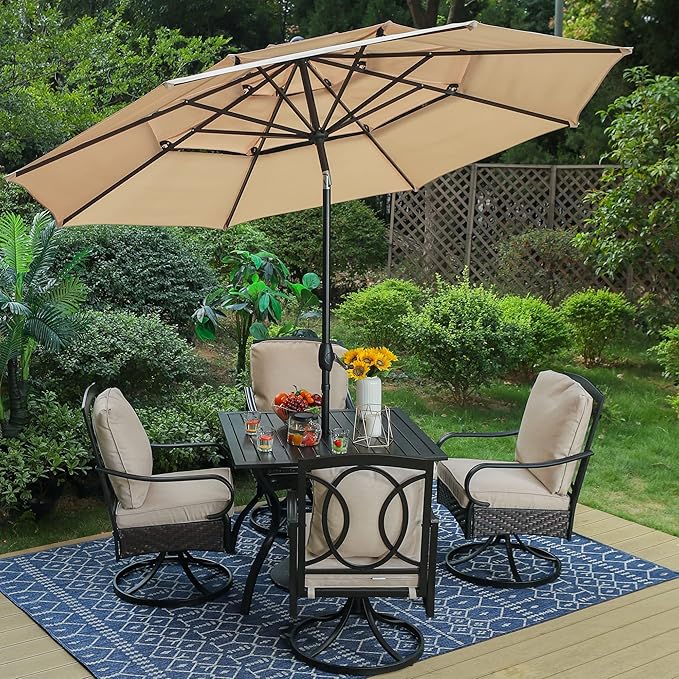 PHI VILLA 6-Piece Outdoor Dining Sets, All-Weather Patio Table and Chairs Set with Umbrella for 4, Heavy Duty Patio Table Set Square for Deck, 4 Extra Large Outdoor Swivel Chairs with Thick Cushions