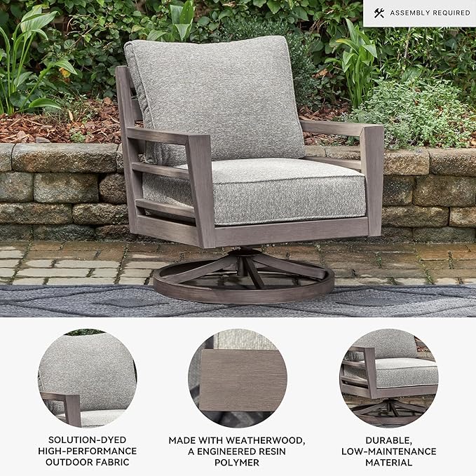 Signature Design by Ashley Hillside Barn Urban Nuvella Weather Resistant Fabric Outdoor Swivel Lounge with Cushion, Light Brown & Light Gray