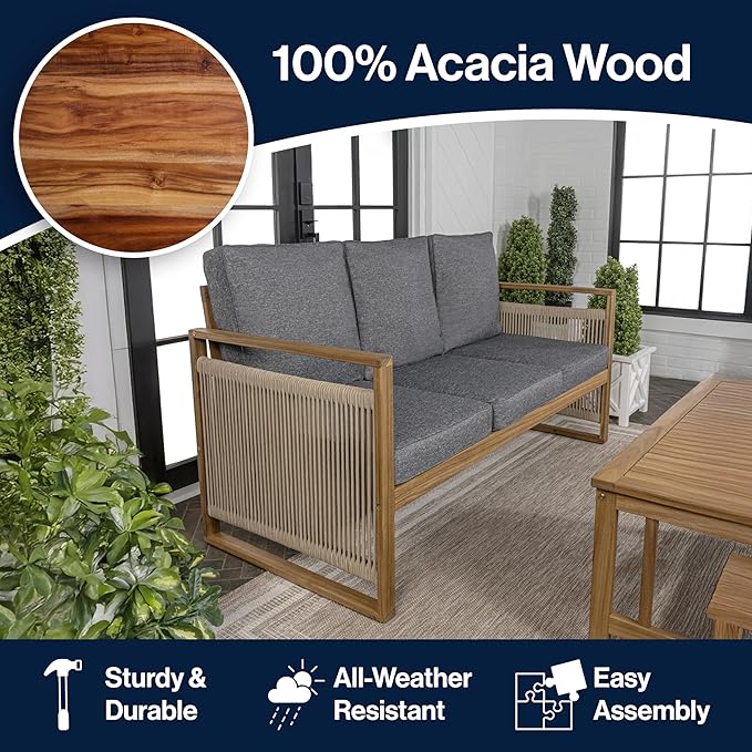 JONATHAN Y SFB1002B Gable 3-Seat Mid-Century Modern Roped Acacia Wood Outdoor Sofa with Cushions Scandinavian, Classic, Transitional, Industrial for Backyard, Patio, Porch, Gray/Teak Brown