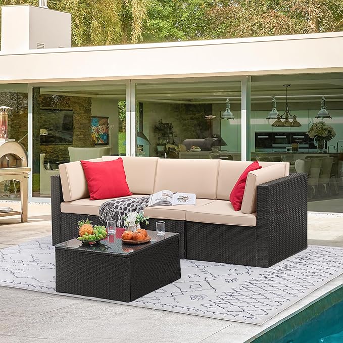 Devoko 4 Pieces Patio Furniture Sets All-Weather Outdoor Sectional Sofa Manual Weaving Wicker Rattan Patio Conversation Set with Cushion and Glass Table (Beige)