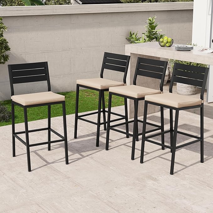 Crestlive Products Outdoor Bar Stools Set of 4, Patio Counter Height Barstools with Cushions, Tall Chairs with Back and Footrest for Deck, Lawn, Garden, Backyard, Poolside, Or Indoor Use (Beige)