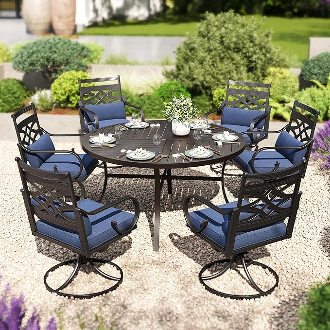 PHI VILLA 7 Pieces Outdoor Dining Set for 6, 54" Round Black Metal Table with Umbrella Hole & Wrought Iron Swivel Chairs, Large Outside Furniture with Blue Cushions & Pillows for Patio, Deck, Porch