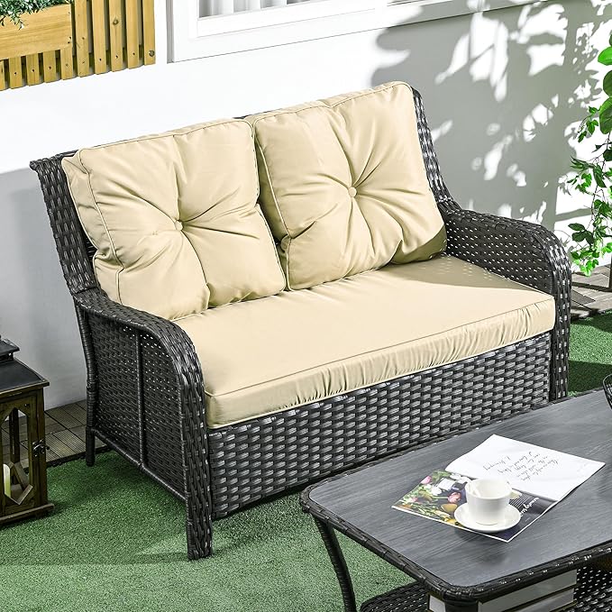 Outsunny 2-Seater Outdoor Sofa with 4" Thick Padded Cushions, PE Rattan Patio Outdoor Couch with Curved Armrests for Sunroom, Garden, Poolside, Beige