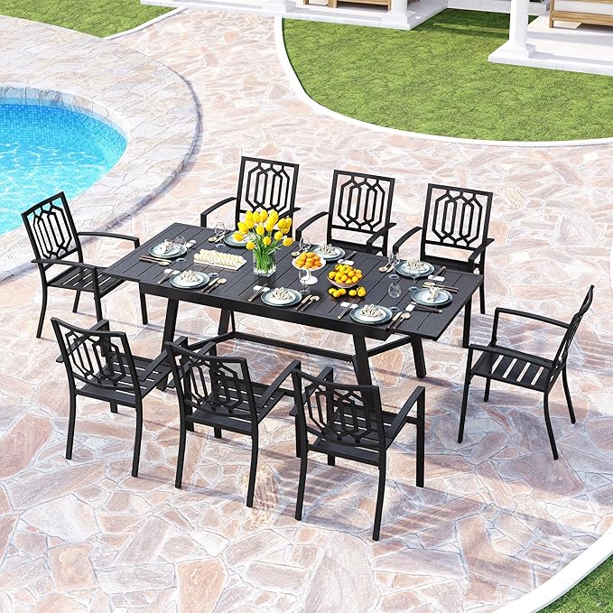 PHI VILLA 9 Pieces Outdoor Dining Set for 8, 84" Long Expandable Metal Steel Table & Stacking Wrought Iron Chairs, Modern Furniture Set for Patio, Deck, Yard, Porch - Black