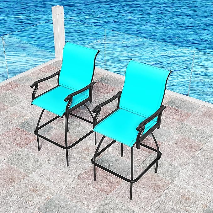 LEVELEVE Patio Bar Set 2pcs Swivel Bar Stools Outdoor Bistro Textilene Furniture Stability All-Weather Set (2, Lake Blue Padded)