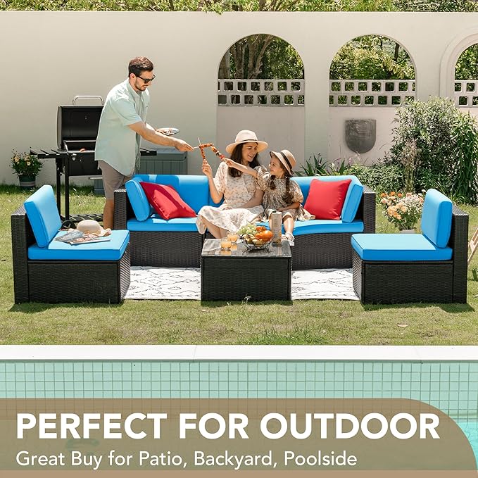 Devoko Patio Furniture Sets 6 Pieces Outdoor Sectional Rattan Sofa Manual Weaving Wicker Patio Conversation Set with Glass Table and Cushion (Blue)