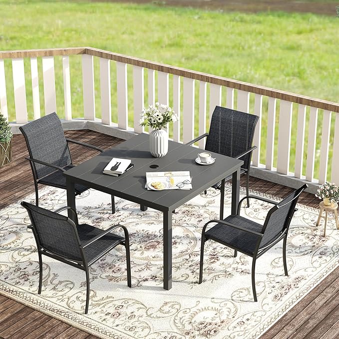 VICLLAX Outdoor Dining Set for 4, 5 Pieces Patio Dining Furniture Set with Umbrella Hole- 40.2" Patio Table and Chairs for Balcony, Garden and Deck, Grey Tabletop