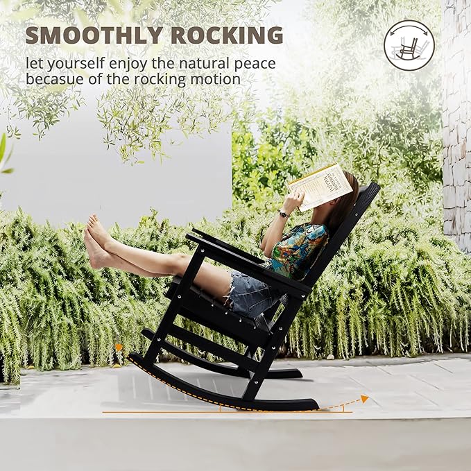 LUE BONA Outdoor Rocking Chairs Set, 3-Piece, HDPS Poly Porch Rockers with Table, Plastic Weather Resistant Rocking Chair Set for Outdoor Indoor, Garden, Backyard, 350lb, Black Chairs+Table