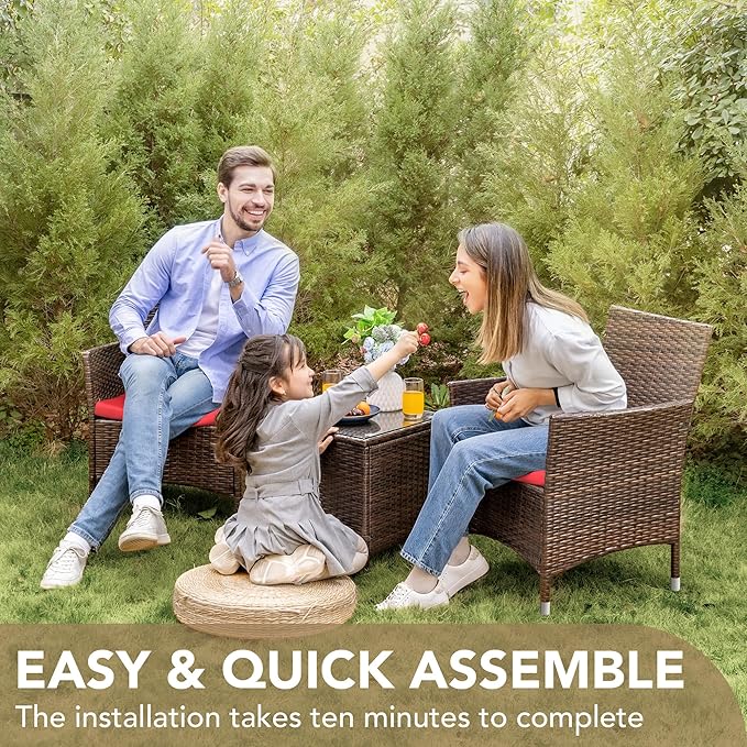 Devoko Patio Porch Furniture Sets 3 Pieces PE Rattan Wicker Chairs with Table Outdoor Garden Furniture Sets (Brown/Red)
