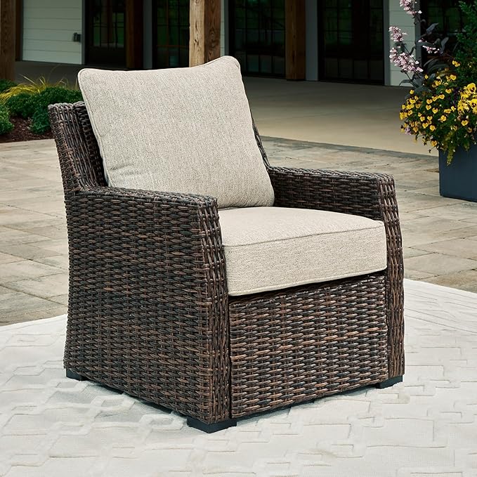 Signature Design by Ashley Brook Ranch Casual Nuvella Weather Resistant Fabric Outdoor Lounge Chair with Cushion, Dark Brown & Beige