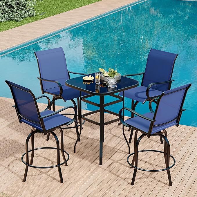 5 Piece Outdoor High Top Bar Set, 5 Pieces Outdoor Swivel Bar Set with 4 Swivel Chairs and Glass Top Table, All Weather Textile Fabric Outdoor Bar Height Chairs and Table Set of 5 for Deck, Backyard