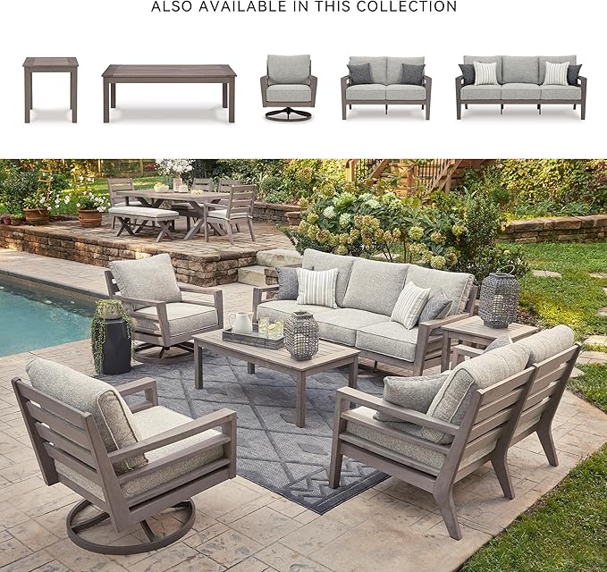Signature Design by Ashley Hillside Barn Contemporary Nuvella Weather Resistant Fabric Outdoor Sofa with Cushion and 4 Throw Pillows, Light Brown & Light Gray