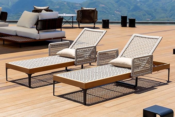 PURPLE LEAF 2 Pieces Outdoor Chaise Lounge Set Rattan Wicker Lounger with Arms Poolside Furniture Adjustable Recliners Patio Lounge Chairs for Beach Yard Garden Balcony,Teak