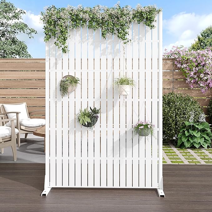 Casaphoria Metal Privacy Screen Outdoor, 72" H x 47" W Freestanding Decorative Privacy Screen for Patio Deck Balcony Garden with Stable Base, White-Fence