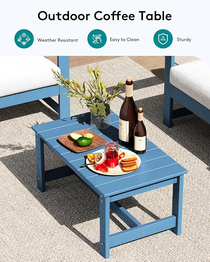 SERWALL 4 Pieces HDPE Outdoor Sofa Set with 10FT Patio Umbrella, All Weather Use Loveseat Furniture Sofa Set, Outdoor Conversation Couch with Coffee Table for Patio, Blue Frame with Khaki Cushions