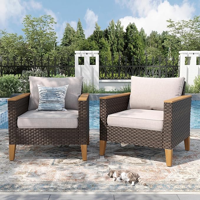 PHI VILLA 2-Piece Outdoor Wicker Furniture Set with 4-inch Thick Cushions, High Back Wicker Sofa for Deck, Yard, and Poolside in Elegant Beige