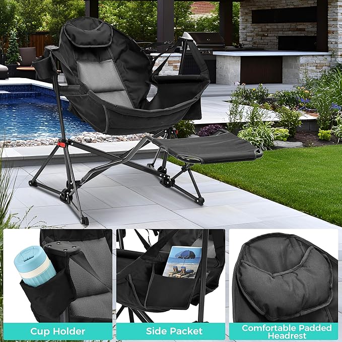 Ainfox Hammock Chair with Footrest, Oversized Swinging Portable Folding Camping Chairs for Adults Outside Swinging Camp with Cup Holder Pillow for Outdoor Patio Lawn Black
