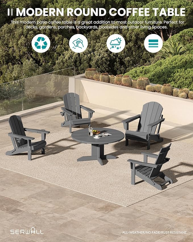 SERWALL Outdoor Round Coffee Table Set, 5-Piece Outdoor Coffee Table and Adirondack Chair with Cup Holders Gray