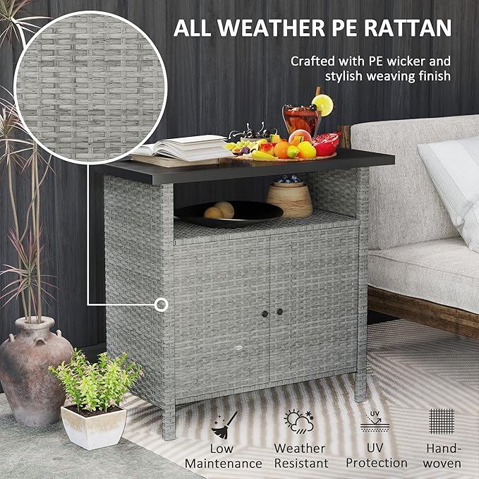 Outsunny Wicker Outdoor Storage Cabinet, Rattan Outdoor Bar Table with 2 Doors and Shelf, Outdoor Buffet Cabinet Sideboard with Metal Slatted Countertop for Poolside, Patio, Backyard, Gray