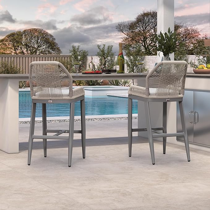 PURPLE LEAF Patio Bar Stool Bar Height Set of 2 Outdoor Rattan Chairs with Back Modern Aluminum Woven Barstools for Garden Indoor Kitchen Light Gray