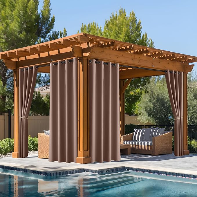 NICETOWN Fade Resistant Outdoor Curtains 2 Panels, Patio Waterproof Drapery Color Fastness Grade 4 Certification, UV Protection Blackout Shades for Porch, Deck, Pergolas, Tan, W52 x L108
