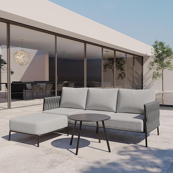 East Oak Patio Furniture Set, Outdoor Furniture Sectional Sofa Set with Round Coffee Table, 4 Seats Sofa Deep Seating with Thick and Washable Cushions, Earth Black & Misty Grey