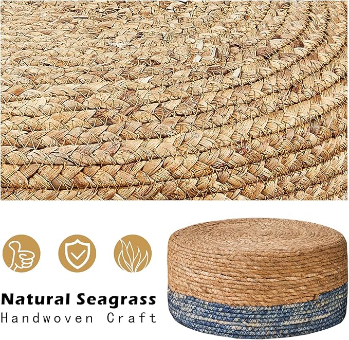 Cpintltr Foot Stool Natural Seagrass Hand Weave Poufs Round Ottoman for Couch Desk Soft Step Stool Padded Foot Rest with Non-Skid Pine Legs for Hallway Office Lounge Natural/Blue