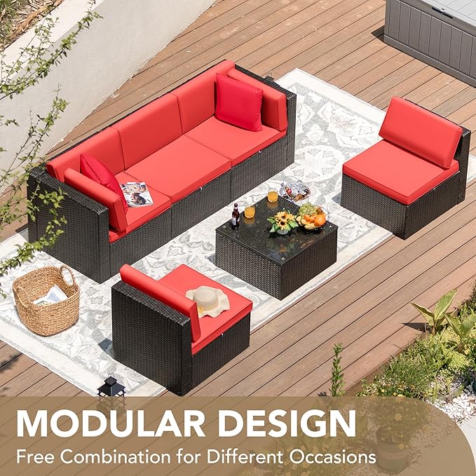 Devoko Patio Furniture Sets 6 Pieces Outdoor Sectional Rattan Sofa Manual Weaving Wicker Patio Conversation Set with Glass Table and Cushion (Red)