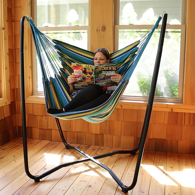 Sunnydaze Hanging Hammock Chair with Space-Saving Stand for Indoor or Outdoor Use - 330-Pound Capacity - Ocean Breeze