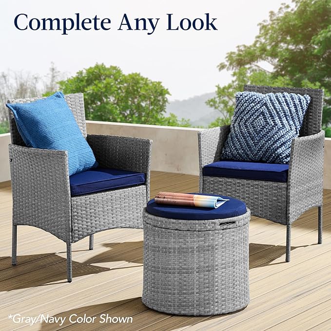 Best Choice Products Round Wicker Ottoman, Multipurpose Outdoor Furniture for Patio, Backyard, Additional Seating, Footrest, Side Table w/Storage, Removable Cushions – Black/Teal