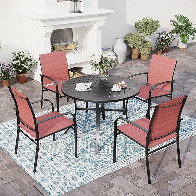 5 Piece Patio Dining Set for 4, 42" x 42" Round Metal Table with Umbrella Hole and 4 Red Chairs, Outdoor Table and Chairs Set for Lawn Backyard and Deck