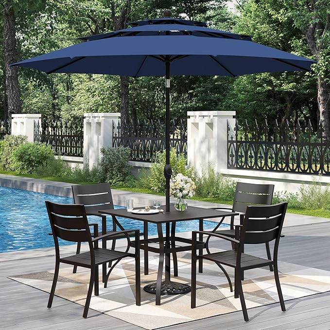 PHI VILLA 5 Pieces Outdoor Dining Set with Umbrella for 4, 37" Square Metal Steel Table & Stacking Wrought Iron Chairs & 3-Tier Blue Umbrella, Outside Furniture Set for Patio, Deck, Porch, Backyard
