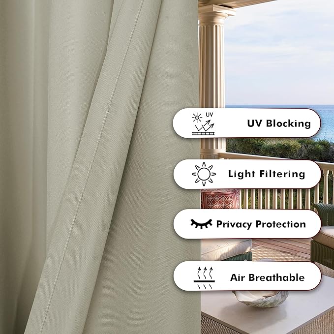 BONZER Extra Wide Waterproof Outdoor Curtains for Patio Heavy Privacy Light Filtering Grommet Outside Curtains for Porch, Pergola, Gazebo, 1 Panel, 150W x 95L inch, Taupe