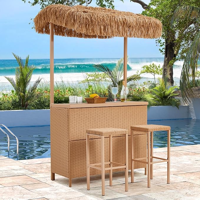 HOMREST Outdoor Tiki Bar Set, 3 Pieces Wicker Patio Bar Set w/2 Height Stools, Storage Shelf, Canopy, Plastic Wood Tabletop for Backyard Poolside Garden, Beige