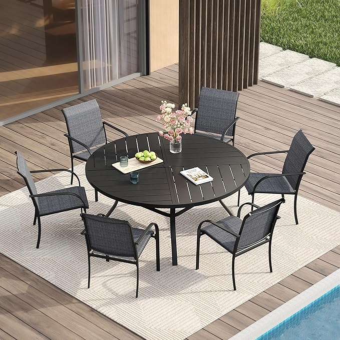 VICLLAX Patio Table and Chair Set of 6, All Weather Metal Round Outdoor Dining Furniture Set-50 Round Outdoor Table and Chairs, Black Tabletop