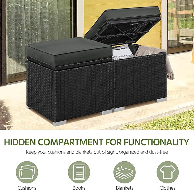 Yaheetech Wicker Ottomans, Set of 2 Patio PE Rattan Side Tables with Hidden Storage & Removable Cushion, Outdoor/Indoor Footstools, Additional Seating for Garden/Balcony/Yard, Black/Gray