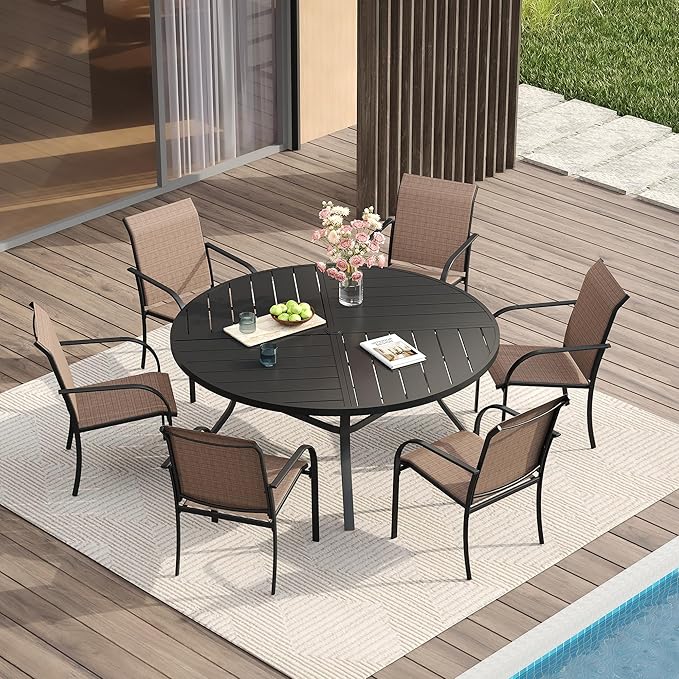 VICLLAX Patio Table and Chair Set of 6, All Weather Metal Round Outdoor Dining Furniture Set-50 Round Outdoor Table and Chairs, Black Tabletop