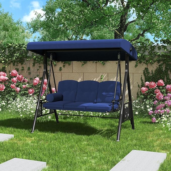 AECOJOY Outdoor Porch Swing, 3-Seat Porch Swing with Adjustable Canopy, Outdoor Swings for Adult with Dark Blue Removable Cushions for Backyard, Garden, Yard, Poolside, Balcony