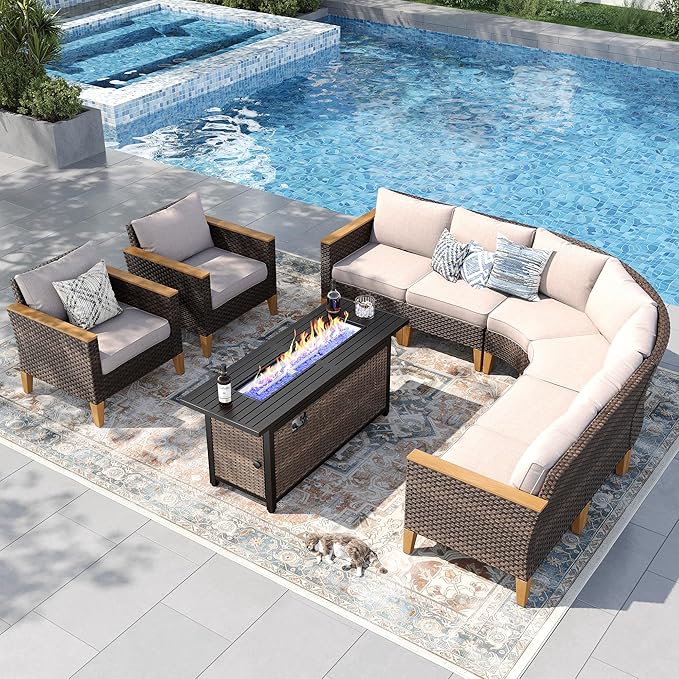 PHI VILLA Half-Moon Patio Furniture Set with 56" Fire Pit Table, 8-Piece Wicker Outdoor Curved Sectional Sofa, Large Conversation Seating for Garden or Backyard, Beige
