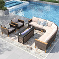 PHI VILLA Half-Moon Patio Furniture Set with 56" Fire Pit Table, 8-Piece Wicker Outdoor Curved Sectional Sofa, Large Conversation Seating for Garden or Backyard, Beige