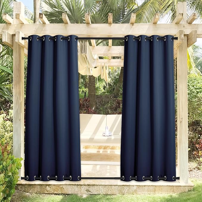 NICETOWN 2 Panels Outdoor Curtains for Patio Waterproof Extra Long 108", Windproof Thermal Insulated Top and Bottom Stainless Steel Grommet Blackout Outdoor Drapes for Porch, Navy Blue