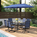 PHI VILLA 8 Piece Patio Dining Set with 13ft Patio Umbrella (Haze Blue), 6 Outdoor Swivel Dining Chairs & 1 Large Metal Dining Table with 1.57" Umbrella Hole, for Deck Lawn (No Umbrella Base)